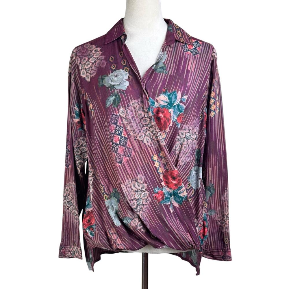 Mahila Maroon Floral Crossover Long Sleeve Collared V-Neck Hi-Low Pullover Top